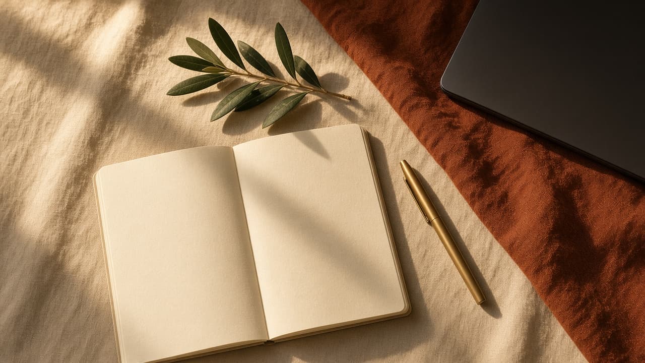 A quiet desk with a notebook, brass pen, and the edge of a laptop